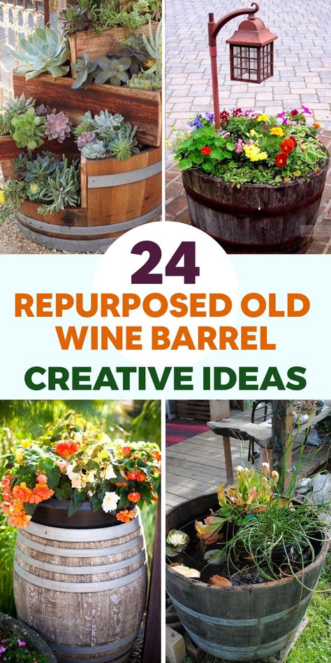 Transform a vintage wine barrel into a charming planter, giving new life to your garden space. Fill it with soil and decorate it with an array of beautiful flowers, aromatic herbs, or trendy succulents. The rustic charm of the weathered wood and distinctive shape of the barrel will infuse your garden with character and style. Embrace the sustainable beauty of repurposed decor by featuring this unique piece as a focal point in your outdoor oasis. Wine Barrel Water Feature, Wine Barrel Ideas, Wine Barrel Fire Pit, Wine Barrel Chairs, Barrel Fire Pit, Wine Barrel Planter, Outdoor Fall Decor Ideas, Barrel Ideas, Growing Sweet Potatoes