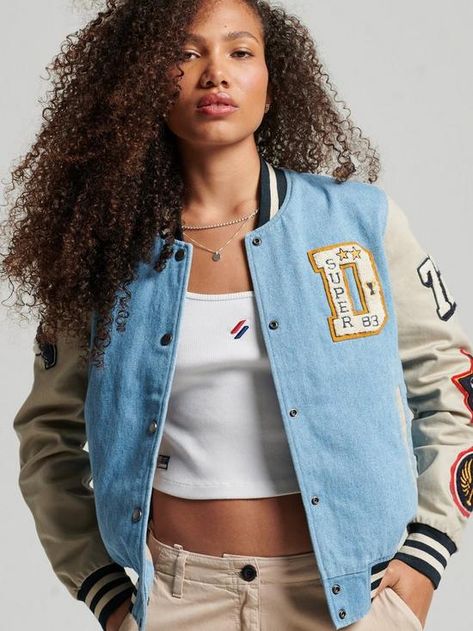 Superdry Vintage Varsity Denim Jacket - Blue/cream | very.co.uk Vintage Varsity, Jean Vintage, Harrington Jacket, Denim Jacket Women, The Test, Women's Coats & Jackets, Blue Cream, Max Mara, Casual Style