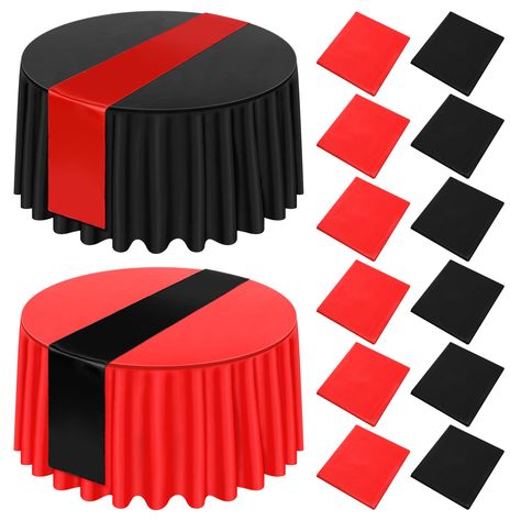 PRICES MAY VARY. Large Size: you will get 6 pieces of disposable round tablecloths, including 3 pieces in black and 3 pieces in red, measuring approx. 84 inches/ 213 cm in diameter, fits round tables up to approx. 6 feet in diameter; And there are also 3 pieces of black table runners and 3 pieces of red table runners, which are approx. 12 x 108 inches/ 30 x 275 cm; A total of 12 pieces of items Reliable and Strong: the round table cloths are made of PEVA vinyl, safe and reliable, odorless and du Red And Black Table Decorations, Wedding Decor Red, Round Table Cloths, Red Party Themes, Black Chair Covers, Red Rose Arrangements, Christmas Table Covers, Black Centerpieces, Satin Table Runner