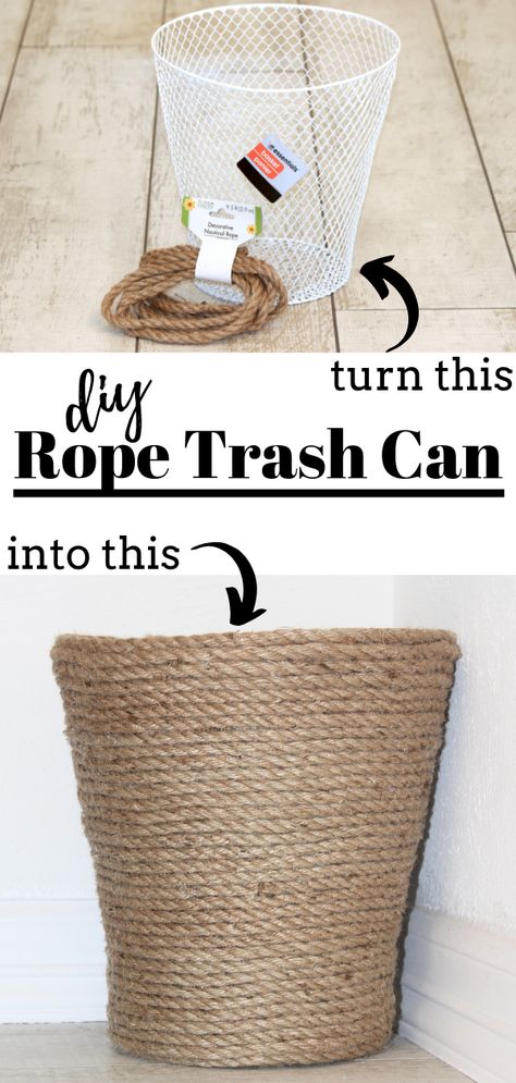 How to make a DIY farmhouse style rope trash can! #farmhouse #farmhousedecor #bathroomdecor Trash Can Ideas, Diy Rope Design, Can Ideas, Board Crafts, Diy Farmhouse Style, Chuck Box, Diy Hanging Shelves, Rope Projects, Diy Wall Shelves