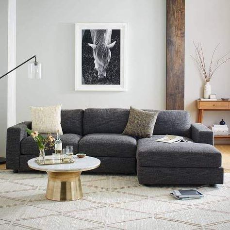 west elm Urban 2-Piece Chaise Sectional Slate Sectional Living Rooms, West Elm Urban Sectional, Charcoal L Shaped Couch Living Room, Media Room Seating Ideas, Sofa Chaise Living Room Ideas, Charcoal Sectional Living Room, Charcoal Couch Living Room Color Schemes, Sectional In Small Living Room Layout, Charcoal Grey Couch Living Room Decor