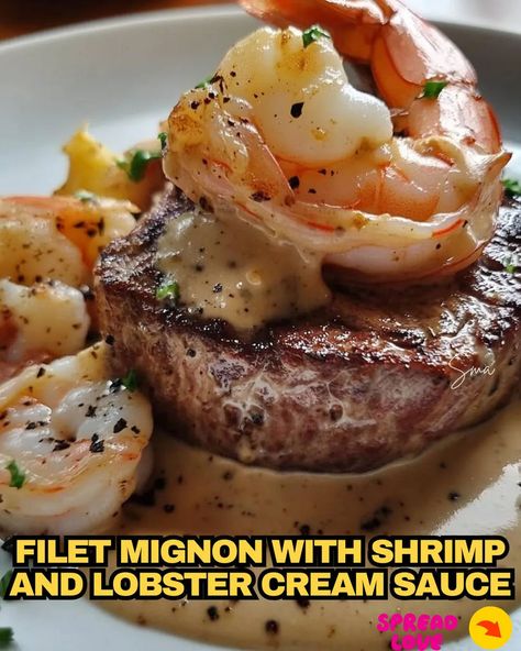 Filet Mignon with Shrimp and Lobster Cream Sauce Creamy Seafood Sauce, Chicken And Spinach Casserole, Lobster Cream Sauce, Creamy Seafood, Honey Garlic Chicken Thighs, Mignon Steak, Filet Mignon Recipes, Mexican Casserole Recipe, Spinach Casserole