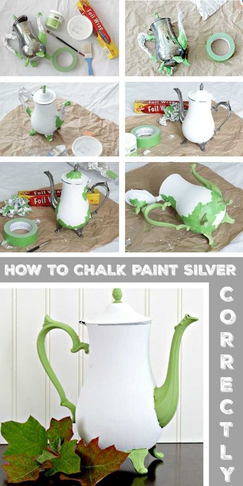 Chalk paint silver with this easy tutorial! Yes, you CAN use chalk paint on silver with this easy DIY project. #chalkpaint #chalkpaintsilver #howtochalkpaint #squirrelsofafeather Chalk Paint Metal, How To Chalk Paint, Chalk Paint Tutorial, Diy Thrift Store Crafts, Thrifted Decor, Paint Tutorial, Thrift Store Diy, Painted Teapot, Paint Metal