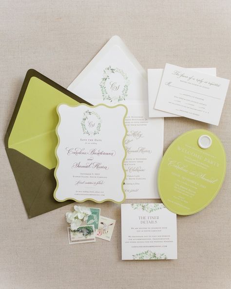 Caroline and Sam’s wedding stationery suite has us swooning! 😍 It’s hard to pick a favorite! Is it the vibrant chartreuse green and chic pearl wax seal? Or the wavy bordered save the date and custom monogram?! Every detail is pure perfection ... and we’re obsessed! ⠀⠀⠀⠀⠀⠀⠀⠀⠀ Photography: @wyethaugustine Calligraphy: @calligraphy.bykim ⠀⠀⠀⠀⠀⠀⠀⠀⠀ #OlivePaper #WeddingStationery #CharlotteStationery #CLTWeddings #QueenCityBride #WeddingPaper #StationeryDesigns #CharlotteBrides #WeddingDetails #Ch... Chartreuse Wedding, Pearl Wax, Wedding Stationery Suite, Welcome To The Party, Wedding Mood Board, Greenery Wedding, Wedding Mood, Custom Monogram, Wedding Paper