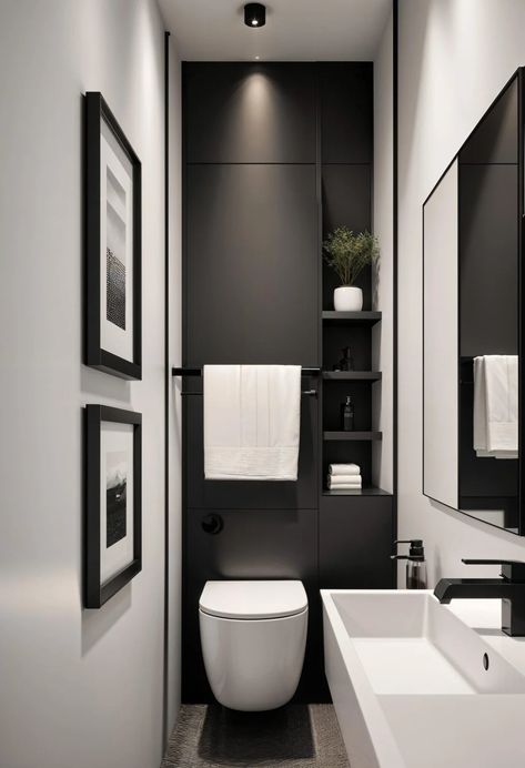 15 Genius Half Bathroom Decor Ideas 20 Toilet Small Space, Stylish Small Bathroom Ideas, Black And White Bathroom Design Ideas, Small Townhouse Ideas, Guest Bathroom Design Ideas, Small Bathroom Remodel Black And White, Black Toilet Room, Black Downstairs Toilet, Long Narrow Half Bathroom Ideas