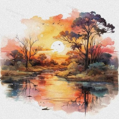 Life In Paradise, Paint Drawing, Painting Sunset, Watercolour Landscape, Pretty Landscapes, Fall Watercolor, Watercolor Landscape Paintings, Autumn Scenery, Watercolour Art