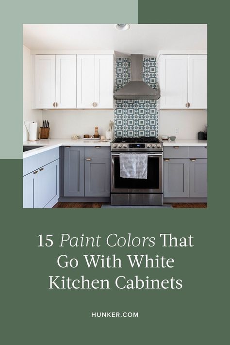 If you're like other homeowners who are wondering which colors to match with white cabinets, read on for 15 stylish color ideas. #hunkerhome #whitecabinetideas #whitekitchencabinet #cabinetideas Kitchen Paint Colors With White Cabinets, Green Kitchen Island, White Cupboards, Taupe Walls, Sage Green Kitchen, Favorite Paint Colors, Kitchen Paint Colors, Green Cabinets, White Cabinetry