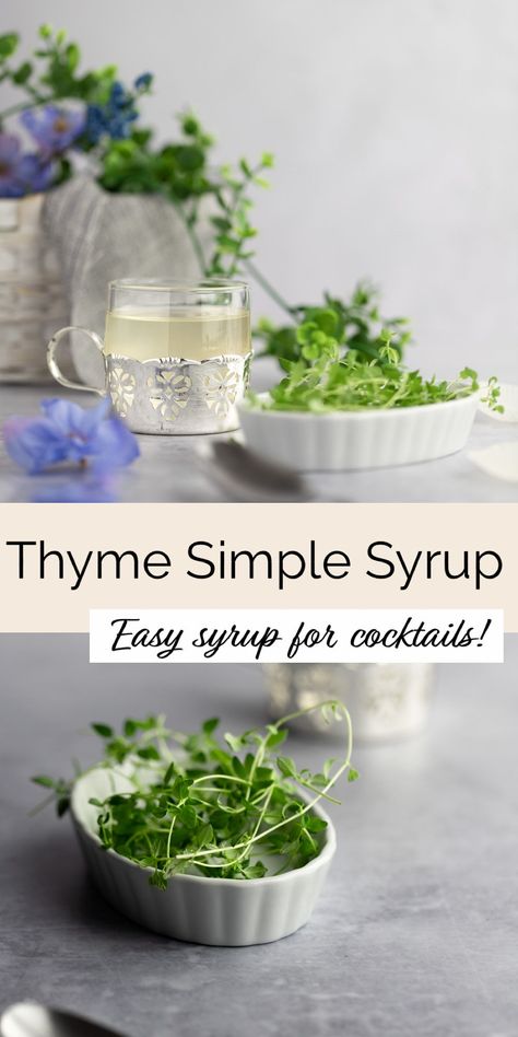 This thyme simple syrup recipe is an easy and quick recipe to make an herb infused syrup that you can add to any type of drink. Make thyme flavored cocktails, lemonade with an herby twist, or stir it into your favorite tea. Thyme Syrup Recipe, Thyme Cocktail Recipes, Rosemary Simple Syrup Recipe, Thyme Drinks, Flavored Simple Syrup Recipe, Simple Syrup Recipe Cocktails, Thyme Cocktails, Cocktail Techniques, Thyme Mocktail