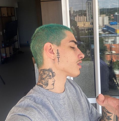 Mens Hair Colour Ideas, Pastel Buzzcut, Teal Hair Men, Teal Buzzcut, Colored Shaved Head, Colored Buzzcut Men, Blue Buzzcut, Colored Buzzcut, Green Buzzcut