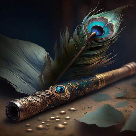 Realistic Lord Krishna flute with peacock feather Flute With Peacock Feather, Lord Krishna Flute, Feather Wallpaper, Krishna Flute, Pink Flowers Wallpaper, Pooja Room Door Design, Happy Janmashtami, Video Status, Radha Krishna Art