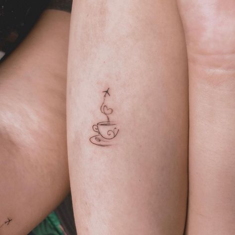 Coffee Matching Tattoo, Artsy Tattoos Small Creative, Iced Coffee Tattoo Minimalist, Coffee Inspired Tattoos, Minimalist Coffee Tattoo, Matching Coffee Tattoos, Tiny Music Tattoo, Coffee Tattoo Minimalist, Coffee Lover Tattoo