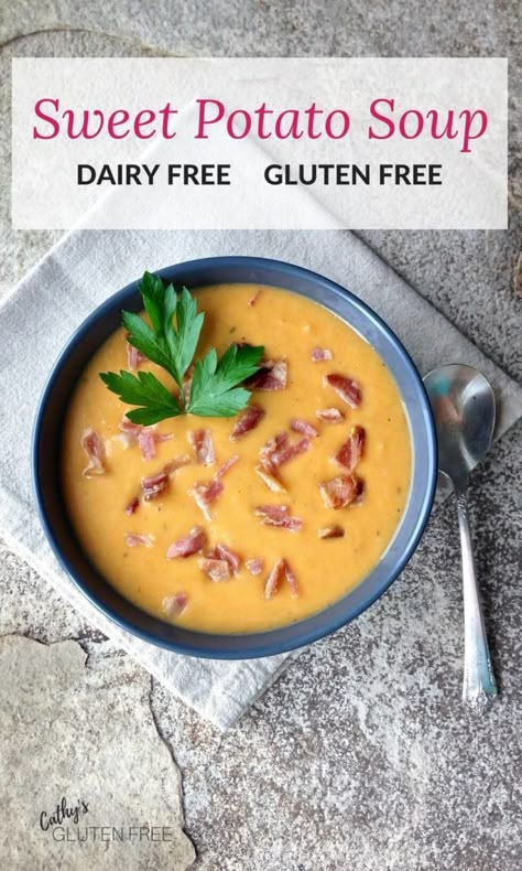 Soup Dairy Free Gluten Free, Potato Soup Dairy Free, Potato Soup Gluten Free, Sweet Potatoes And Onions, Roasted Sweet Potato Soup, Soup Dairy Free, Nightshade Free Recipes, Dairy Free Soup, Soup Appetizers