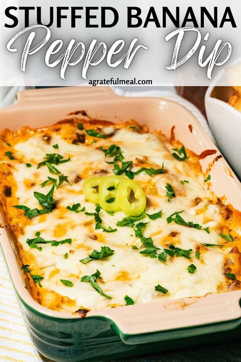 This stuffed banana pepper dip is the perfect appetizer for game day, Super Bowl, or parties. Made with all of the ingredients for stuffed banana peppers including marinara sauce, cream cheese, mozzarella, parmesan, and Italian sausage. It's an easy appetizer and one of the best dip recipes that are so creamy and cheesy - plus it gives the best cheese pulls! Stuff Banana Peppers Recipe, Banana Pepper Ideas, Banana Pepper Appetizer, Recipes With Fresh Banana Peppers, Banana Pepper Poppers, Stuffed Banana Pepper Dip, Pioneer Woman Recipes Appetizers, Best Dips Recipes, Fall Dips And Appetizers