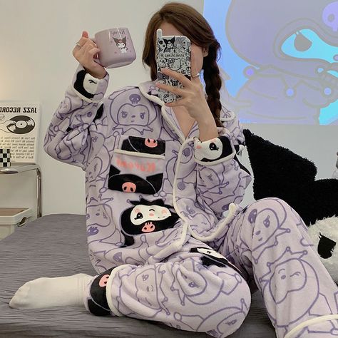 Kuromi Pajamas, Pajama Set Winter, Pajamas Kawaii, Flannel Cardigan, Winter Kawaii, Cute Loungewear, Octopus Stuffed Animal, Kawaii Pajamas