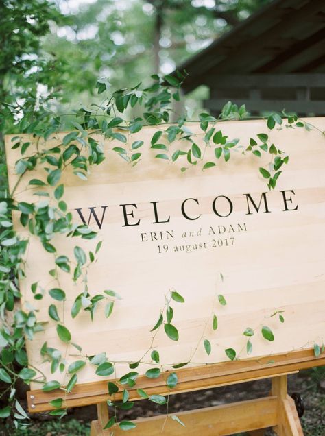 Welcome sign via Magnolia Rouge Flower Proposal, Ceremony Welcome Sign, Backyard Tent Wedding, Wedding Planner Career, Wedding Business Ideas, Little White Flowers, Backyard Tent, Cozy Wedding, Greenery Wedding Decor