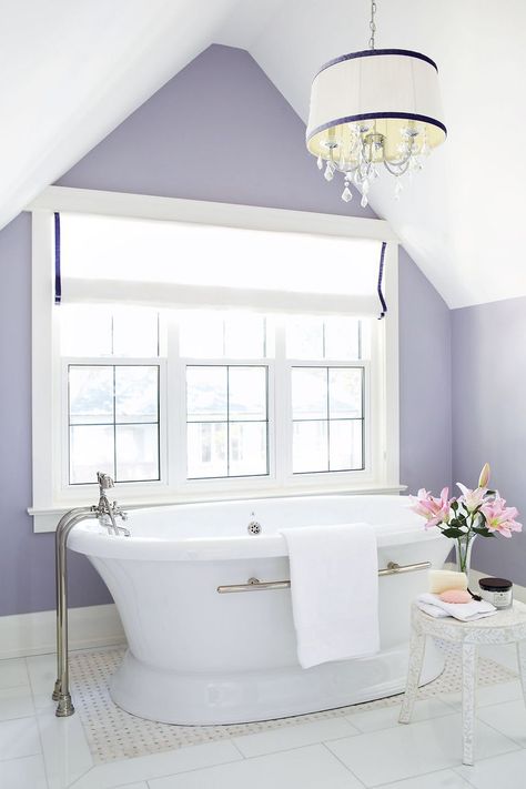 bathroom colors purple Purple Breakfast, Teen Girl Bathroom Ideas, Trending Bathroom Colors, Lavender Bathroom, Best Bathroom Paint Colors, Dream Bathtub, Lavender Walls, Bathroom Blue, Girl Bathrooms