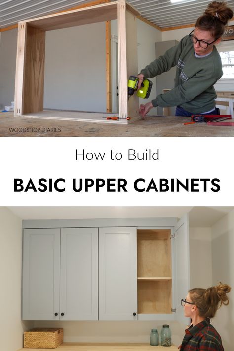 Frameless Cabinets Diy, How To Build Upper Cabinets, Building Upper Cabinets, How To Build Kitchen Cabinets, Build Upper Cabinets, Diy Upper Cabinets, Diy Upper Kitchen Cabinets, Diy Custom Cabinets, Build Your Own Cabinets