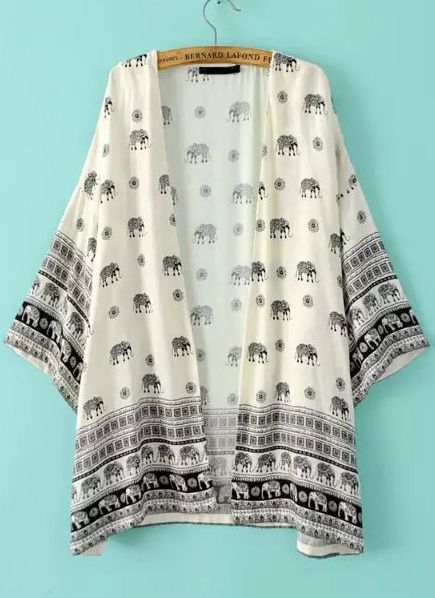 Beige Elephants Print Loose Kimono -SheIn(Sheinside) Boho Kimono Cardigan, Loose Kimono, Sheer Chiffon Blouse, Kimono Floral, Long Sleeve Kimono, Fringe Kimono, Boho Kimono, Print Kimonos, An Elephant