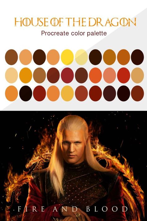 Handpicked color palette for Procreate. House of the dragon inspired. Fantasy Procreate swatches for digital illustrations. Color Palette with 30 colors is ready for instant download and use in your Procreate app. #etsy #dragon #house #houseofthedragon #houseofdragon #fantasy #color #palette #procreate #ipad #digital #idea #illustration #drawing #idea #flame #fire #gold #yellow #red #swatches #inspired Dragon Color Palette, Procreate House, Fantasy Color Palette, Color Palette For Procreate, Ipad Illustration, Color Palette Procreate, Dragon House, Bead Bar, House Of The Dragon