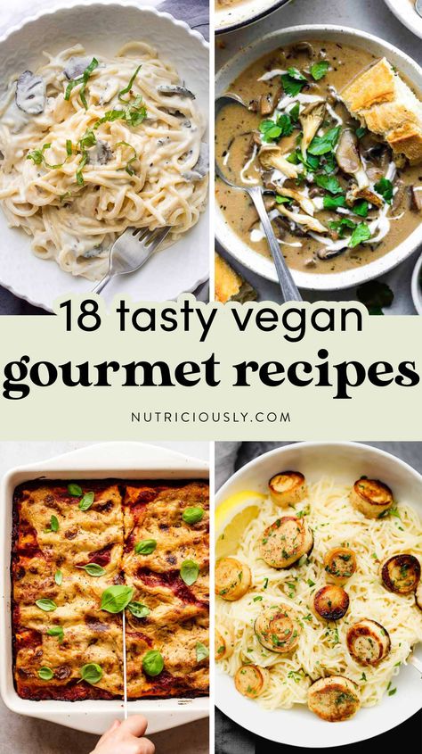 These fancy vegan gourmet recipes are perfect for date night and hosting guests! Fine dining ideas that are plant-based and easy to make. From perfectly prepared seitan steaks to vegan oyster Rockefeller, there is a dish here to impress the most coveted connoisseur! Vegan Fancy Dinner, Fancy Vegetarian Dinner, Oyster Rockefeller, Vegan Dinner Party, 5 Course Meal, Vegan Gourmet, Vegan Main Course, Tree Nut Allergy, Vegan Party Food