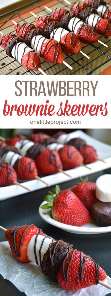 These strawberry brownie skewers are a GREAT single serving dessert! Make them for a summer barbecue or picnic, or even just as an easy weeknight dessert! Brownie Skewers, Strawberry Brownie, Weight Watcher Desserts, Sommer Mad, Strawberry Brownies, Single Serve Desserts, Shower Food, Picnic Food, Snacks Für Party