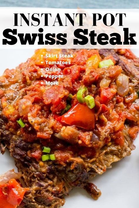 Instant Pot Swiss Steak is an easy meal any day of the week. Fresh tomatoes, skirt steak, peppers, onion and more. Plus you can make potatoes as well at the same time. #instantpot #swisssteak #instantpotswisssteak #recipe #meal #easy #best #howtomake #pressurecooker #affordable #cubesteak #dinner Instant Pot Swiss Steak Recipe, Instant Pot Swiss Steak, Swiss Steak Recipe, Steak Peppers, Swiss Steak Recipes, Steak And Potatoes, Slow Cooker Stuffed Peppers, Pepper Steak Recipe, Affordable Recipes