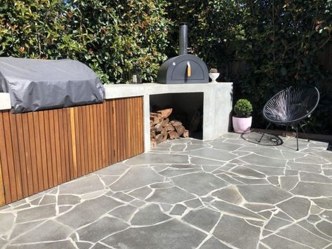 Bluestone Crazy Paving, Permeable Pavers Driveways, Backyard Bbq Area, Broken Tile Mosaic, House Landscape Design, Crazy Pave, Bluestone Paving, Pool Paving, Pizza Oven Outdoor Kitchen