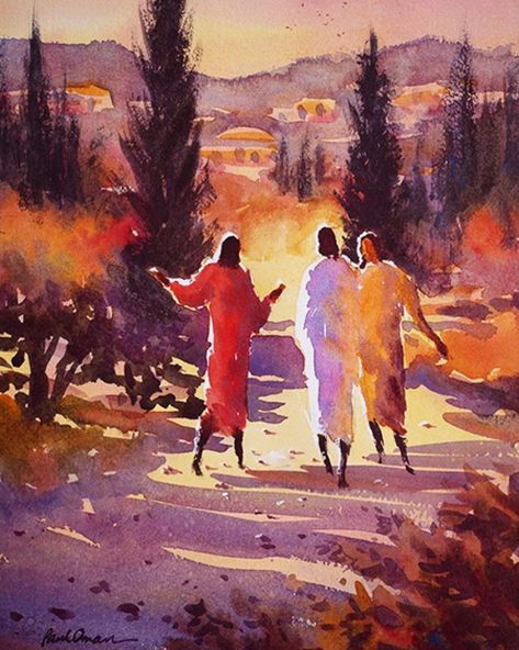 Road to Emmaus | Paul Oman The Road To Emmaus, Contemporary Christian Art, Lds Church History, Road To Emmaus, Easter Paintings, Jesus Christ Painting, Pictures Of Christ, Heaven Art, Bible Illustrations