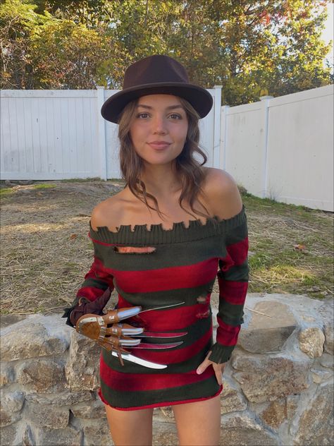 Women’s Freddy Krueger Costume, Scary College Halloween Costumes, Freddie Kreuger Costume Woman, Freddy And Jason Costume, Freddy Krueger Female Costume, Halloween Costumes Freddy Krueger, Fredy Krueger Costume Women, Freddy Krueger And Jason Costume, Halloween Costumes Freddy Kruger