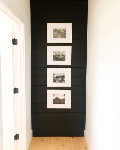 Katie • Modern Farmhouse on Instagram: “I took a page out of @ahousewebuilt’s book and did a grouping of black and white building progress pictures for our end of the hall gallery…” End Of Hallway Wall Decor, End Of Hallway Ideas, End Of Hallway Decor Ideas, Accent Wall Hallway, End Of Hallway Decor, Stairs Wall Decor, End Of Hallway, Black Shiplap, Finish Basement