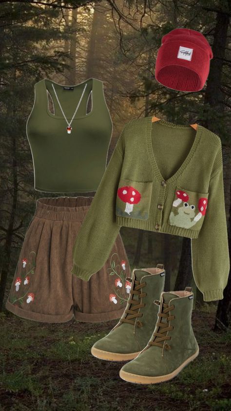 Going into the forest for adventures. #outfitinspo #goblincoreaesthetic #goblincore #forestaesthetic #mushroomcore #mushroomoutfit #mushroomaesthetic Forest Aesthetic Outfit, Goblin Core Outfit, Goblincore Aesthetic Outfits, Goblincore Clothes, Goblincore Outfits, Mushroom Outfit, Dress Design Drawing, Cottagecore Outfits, Into The Forest