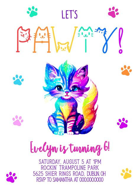 Cat Birthday Party Invitation Kitty Birthday Invitation Girl Birthday Invitation Let's Pawty Instant Download Rainbow Cat Birthday Party Girls Cat Birthday Party Ideas, Cat Birthday Party Invitations, Cat Invitations, Birthday Party Invitations Free, Birthday Invitation Card Template, Neon Cat, Cat Birthday Party, Cat Paw Print, Rainbow Cat