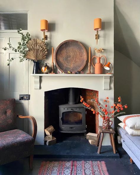 Wood burning fireplace with decorated mantel London Maisonette, England House, Georgian Homes, Lounge Design, Wood Burning Fireplace, Front Room, Sitting Room, A Fire, Guest Bedroom