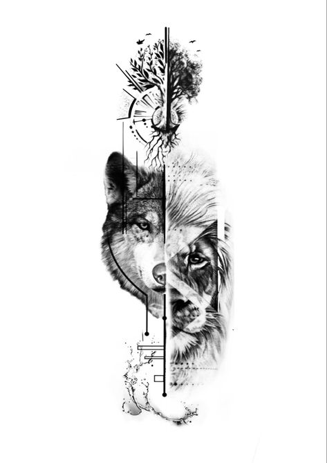 #pintrest #abstract #tattoostudio #tattoostencil #design #fashion #newtattoo #tattooideasformen #recipe #tattooart #tattooidea #lion #liontattoo #wolftattooideas #tree #waterwavehair #watercolor #drawing #refreshing #armtattoo #creative #sketch #ink #tattoodesignforwomen #tattoodesignsunique #nature #naturetattoo Creative Wolf Tattoo, Lion And Wolf Tattoo Design, Wolf And Lion Tattoo Together, Leo Tattoo Ideas Men, Lion Abstract Tattoo, Lion And Wolf Tattoo, Wolf Lion Tattoo, Wolf And Lion Tattoo, Lion Tattoos For Men