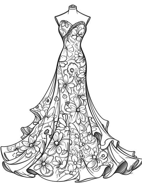 Fashion Coloring Pages Dresses, Dress Coloring Pages Fashion Designers, Sustainable Campaign, Dress Coloring Pages, Fashion Coloring Pages, Dress Sketch, Fashion Coloring Book, Edgy Dress, Adult Coloring Designs