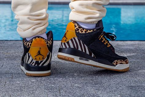 On-Foot Look: Air Jordan 3 ‘Animal Pack’ - Sneaker Freaker Cat Celebrating, Air Jordan 3, Print Sneakers, Pony Hair, Jordan 3, Zebras, Jordan 1, Air Jordan Sneaker, Air Jordan