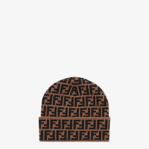 Beanie with turned-up brim. Made of wool knit with an all-over black and tobacco FF motif. Made in Italy Fendi Logo Design, Fendi Store, Louis Vuitton Shop, Fendi Logo, Wool Beanie, Must Buy, Summer Beach Wear, Wool Hat, Knit Beanie