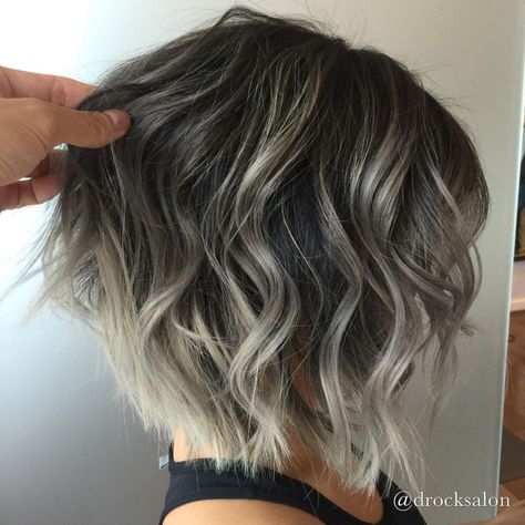 Brown Bob with Gray and White Balayage Short Blonde Grey Hair, Short Hairstyles For Fall 2023, Fall 2023 Hair Trends Short, Gray Balayage, Brunette Bob, Silver Highlights, Cool Short Hairstyles, Silver Hair Color, Dark Hair With Highlights