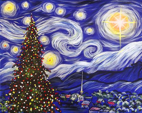 Michelle The Painter, Starry Night Christmas, Disposable Aprons, Starry Night Art, Starry Night Painting, Winter Art Projects, Night Christmas, Stitch Fabric, Christmas Tree Painting