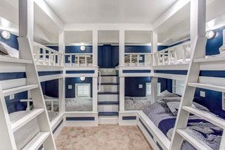 Multi Beds In One Room, Adult Bunk Beds Guest Rooms, Bunk Room Ideas, Modern Bunk, Sleepover Room, Kids Bunk Bed, Bunk Bed Rooms, Custom Bunk Beds, Modern Bunk Beds