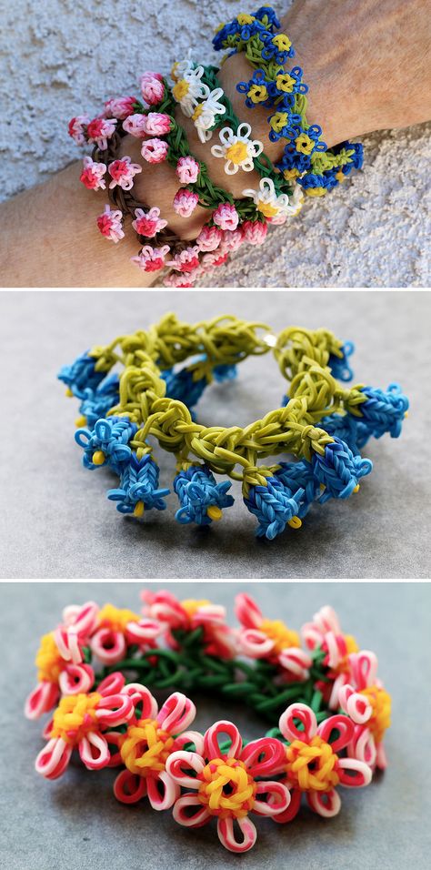 Flower Bracelets by Yarn Journey - the prettiest loom band bracelets I've ever seen! They remind me of daisy-chains, so cute! Loom Bands Designs, Loom Bands Tutorial, Loom Band Patterns, Rainbow Loom Bracelets Easy, Loom Band Bracelets, Rubber Band Crafts, Crochet Bracelets, Rainbow Loom Rubber Bands, Rainbow Loom Creations