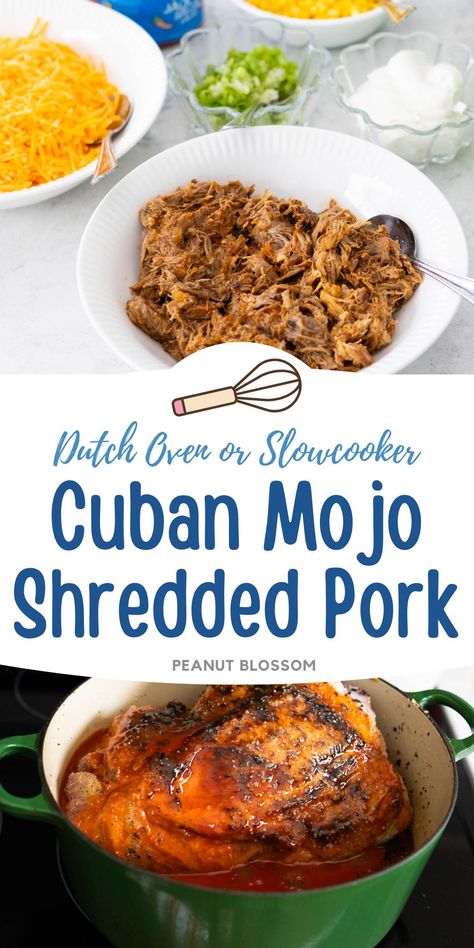 Slow cook a pork shoulder or pork butt in a dutch overn or Crockpot for hours to make this spicy citrus marinaded pulled pork. The tender meat is perfect for tacos, a rice bowl, or piled high on a bun for Cuban sandwiches. Pulled Pork Dutch Oven, Pork Dutch Oven, Dutch Oven Pulled Pork, Cuban Pulled Pork, Guy Food, Pulled Pork Oven, Meal Train, Cuban Sandwiches, Best Frozen Meals