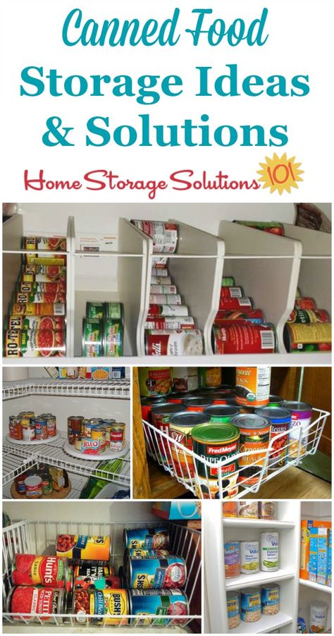 Canned food storage ideas and solutions that you can use in your pantry or cupboard, whether you've got a lot of a little amount of canned goods {on Home Storage Solutions 101} Can Good Storage Ideas, Canned Food Storage Ideas, Can Storage Ideas, Canned Good Storage, Food Storage Ideas, Canned Food Storage, Organizing Challenges, Canned Goods, Kitchen Organization Diy