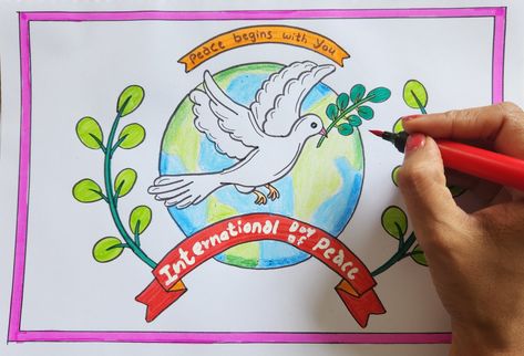 World Peace day drawing easy. How to draw Peace day, Dove Peace drawing Peace Education Poster, Peace Bulletin Board Ideas, World Peace Drawing, Peace Day Drawing, International Peace Day Poster, Peace Day Poster, Earth Art Drawing, International Peace Day, Peace Drawing