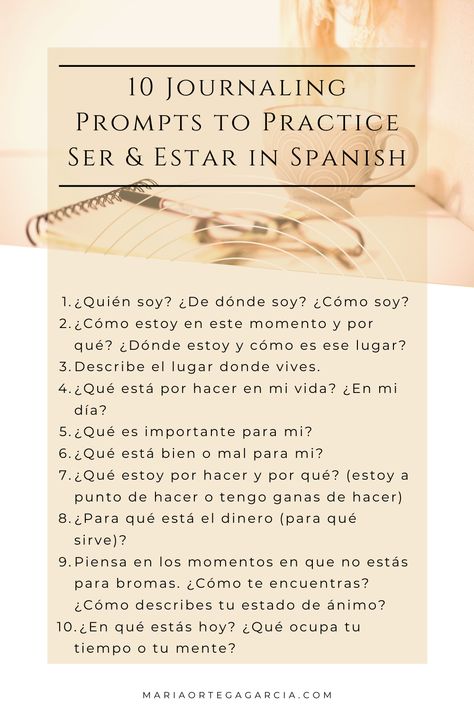 Journal Prompts In Spanish, Spanish Journal Ideas, Spanish Writing Prompts, Spanish Journal, Language Planner, Ser And Estar, Journal Prompts For Teens, Spanish Exercises, Prompts Journaling