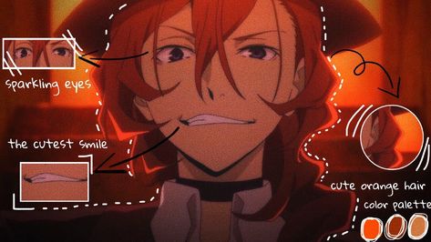 𝚋𝚎𝚎 | 𝚛𝚘𝚠𝚊𝚗 𝚍𝚊𝚢! on Twitter: "anatomy of chuuya nakahara ♡… " Anime Hair Color Palette, Chuuya Background, Chuuya Fanart Wallpaper, Chuuya Nakahara Vampire, Cat Chuuya, Color Palette Orange, Hair Color Palette, Chuuya Nakahara Fan Art Twitter, Anime Hair Color