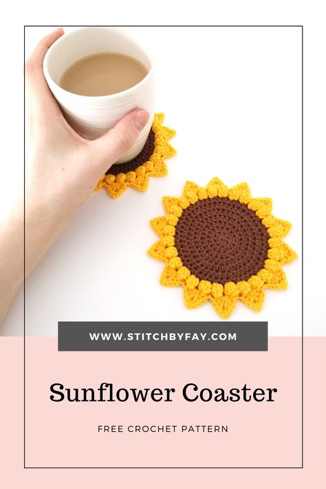 Bring the sunshine inside with these fun sunflower coasters! Great for adding a pop of colour to your home. Quick and easy pattern, perfect for gifts and markets. Sunflower Coasters Crochet Free Pattern, Free Sunflower Coaster Crochet Pattern, Crocheted Sunflower Coasters, Sunflower Coaster Crochet, Sunflower Cup Coasters, Sunflower Cup Coasters Crochet, Sunflower Coaster, Sunflower Coasters, Coffee Cozy Pattern