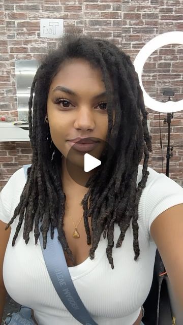 JEM’s locs & more 🌟 on Instagram: "🤎" Medium Dreadlocks Styles For Women, Faux Locs Over Locs, Locs Long Hairstyles, Curly Dreads Dreadlocks Black Women, Healthy Locs Black Women, Halo Braid On Locs, Dyed Loc Tips Black Women, Black Locs Black Women, Keisha Charmaine Locs