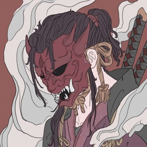 Japanese Art Icon, Oni Mask Character Design, Japanese Oni Mask Drawing, Oni Mask Pfp, Demon Mask Drawing, Oni Samurai Art, Samurai Mask Drawing, Oni Reference, Oni Mask Anime