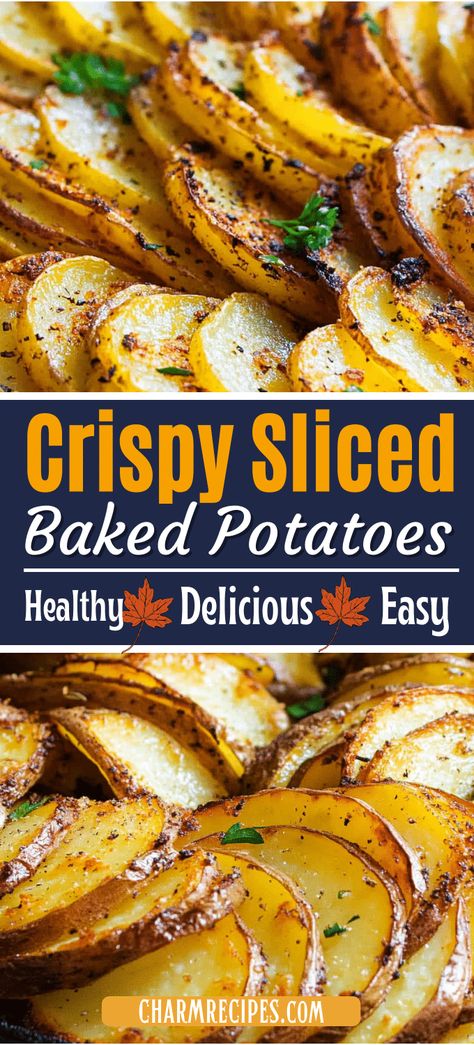 How to Make Perfectly Crispy Sliced Baked Potatoes Bake Sliced Potatoes In Oven, Half Potatoes Baked, Potatoes Slices In Oven, Sliced Garlic Potatoes, Oven Roasted Potato Slices, How To Cook A Baked Potato, Oven Sliced Potatoes Recipes, Crispy Potato Slices, Sliced Russet Potatoes In The Oven